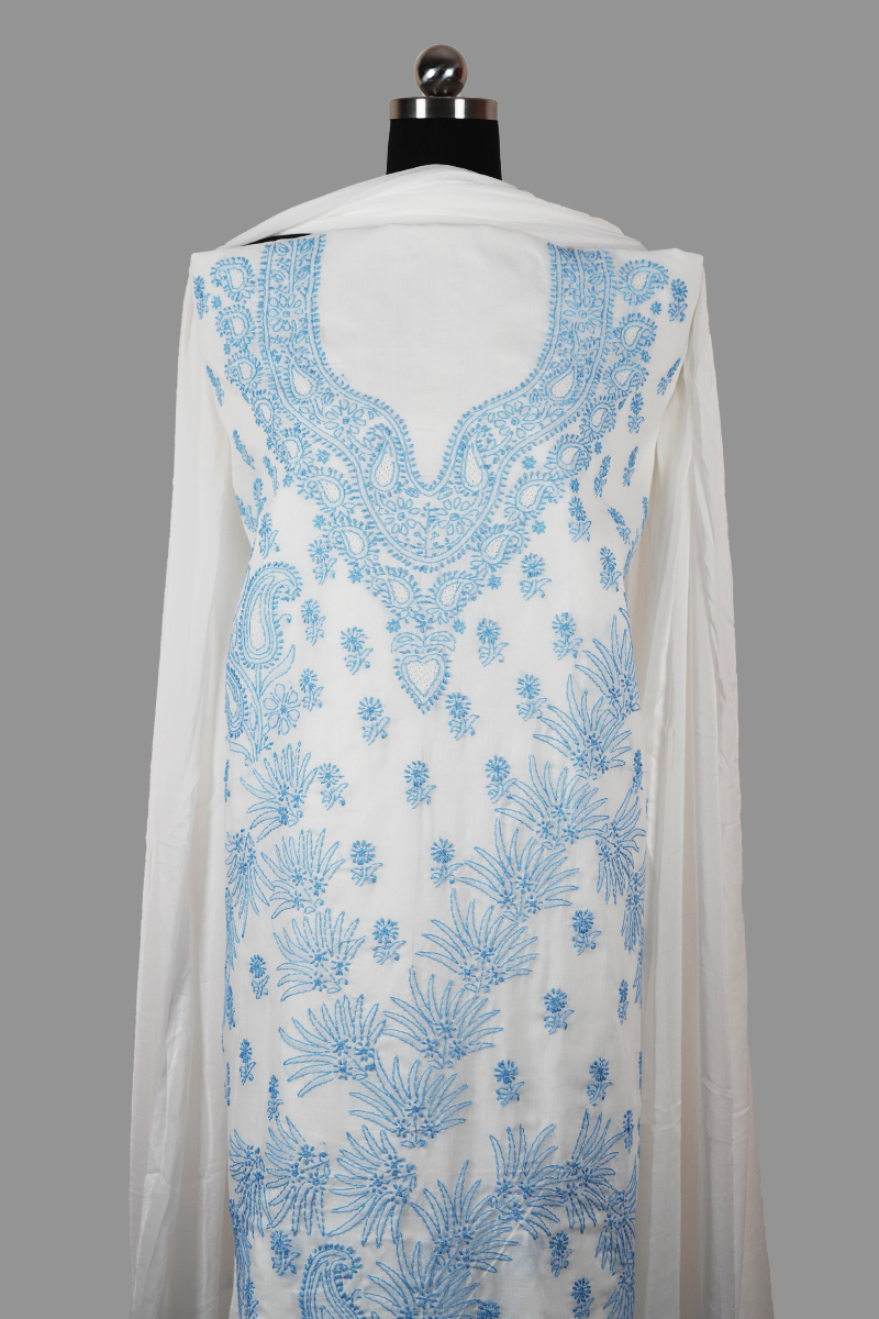 White Cotton Suit with Blue Thread Work