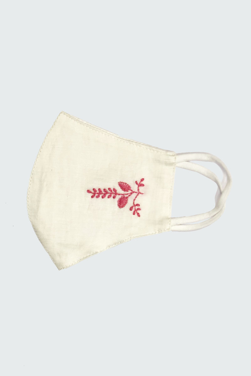 White Cotton Mask with Red Flower